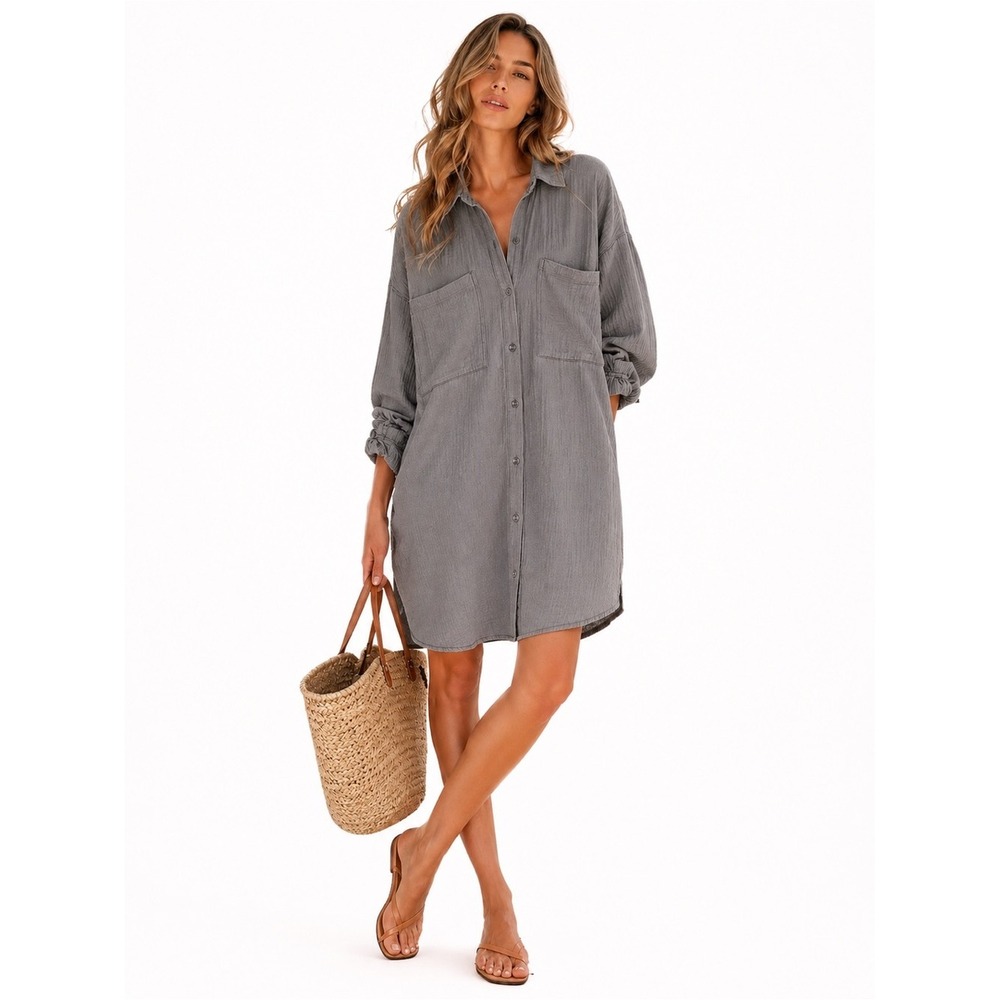 Baci Fashion Italy Gray Gauze Cotton Shirt Dress Oversized Western Yoke Size S